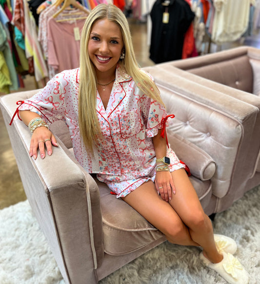 Printed Ruffle Satin Pajama Set W Tie