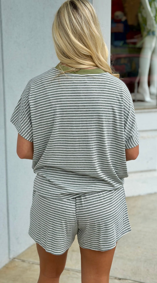 Loose Fit Stripe Knit Top & Short SET, H Grey/Soft Olive