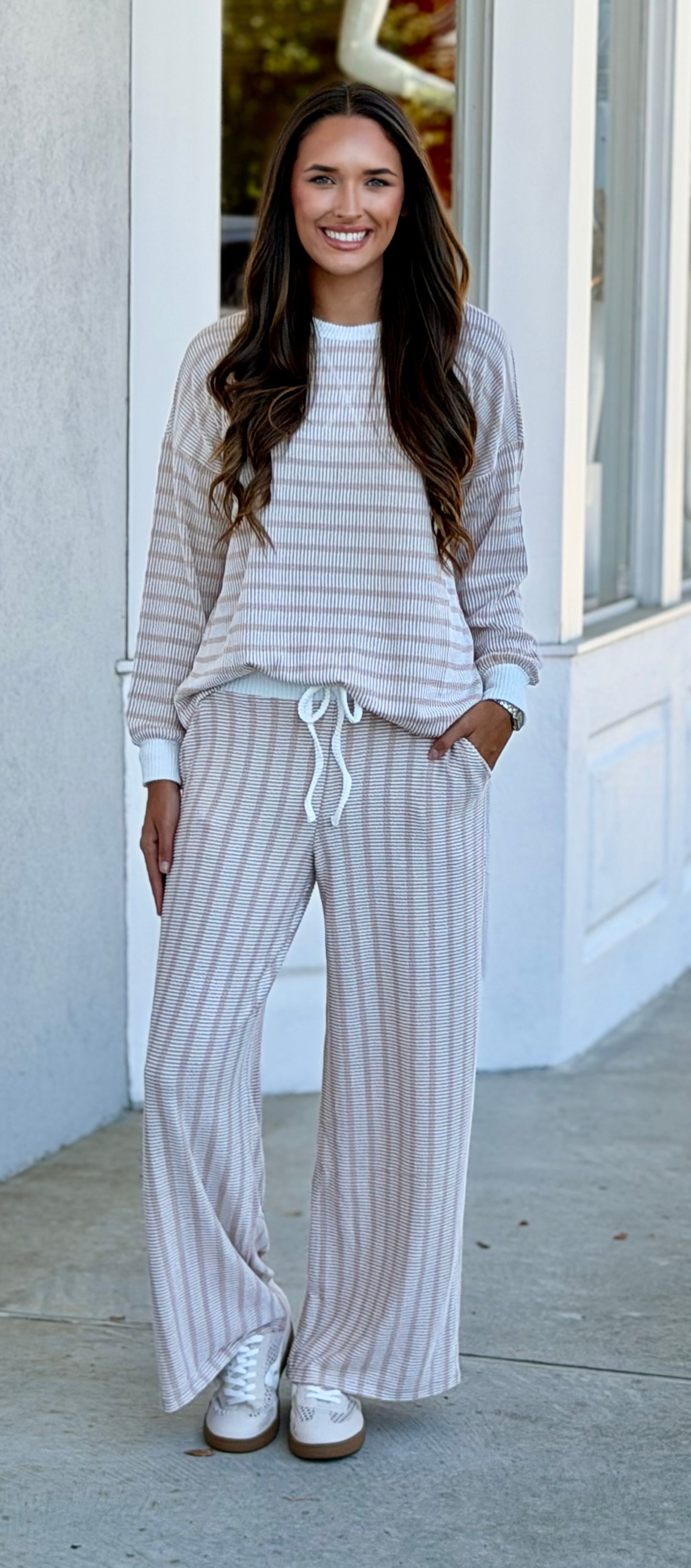 Raised Rib Striped Pullover & Pants SET, Lt Mocha