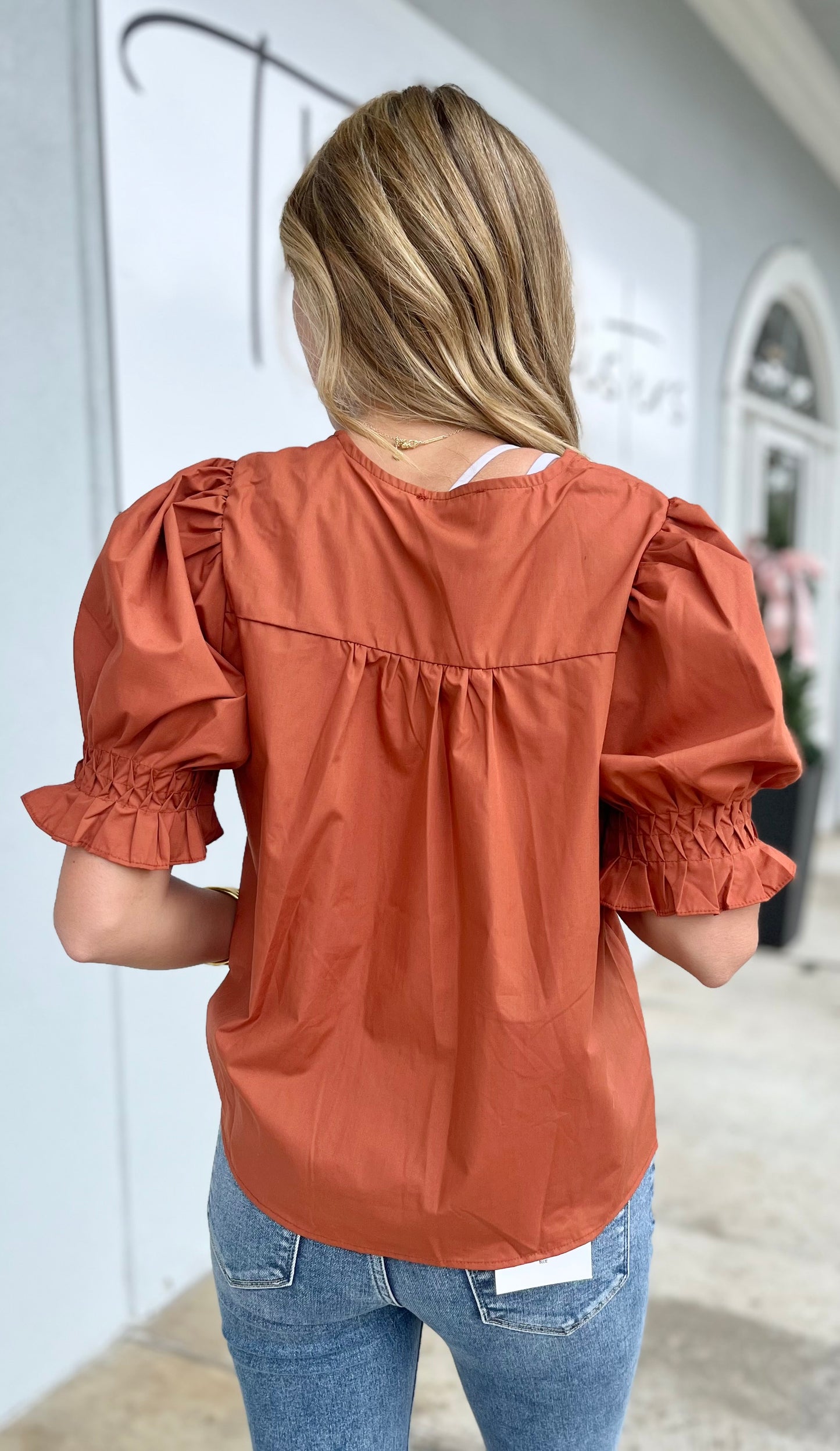 Chestnut Smocked Cuffs Puff Sleeves Pintuck top