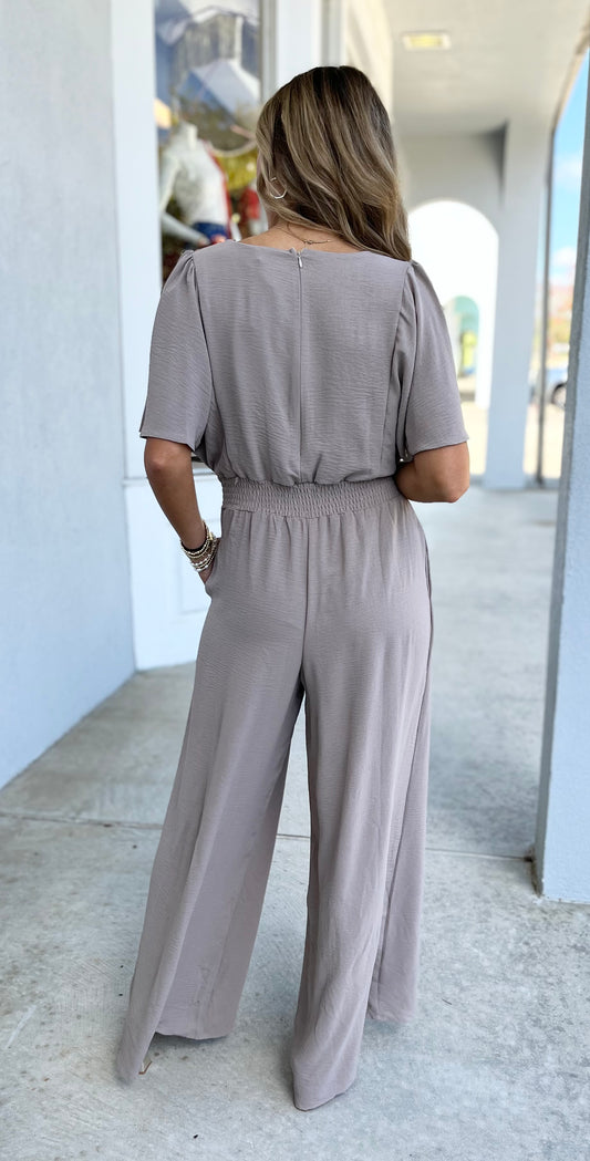 Lt Mocha Flouce Sleeve Jumpsuit