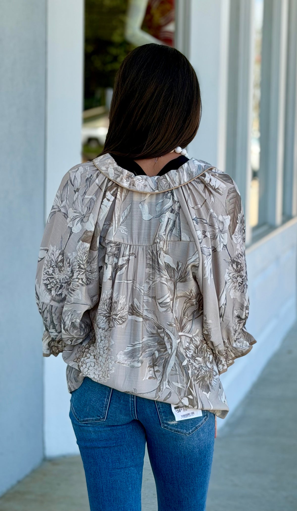 Taupe Floral Print Split Neck Blouse