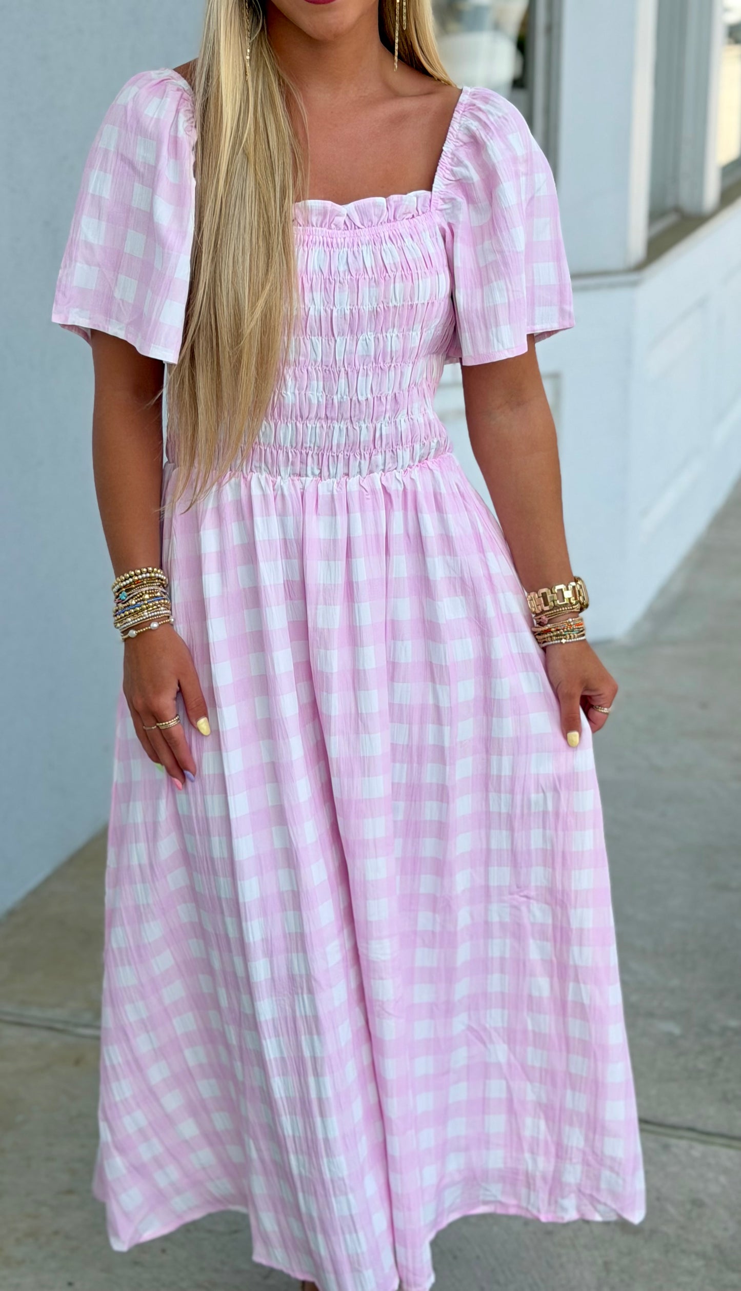 Pink Gingham Puff Sleeve Midi Dress