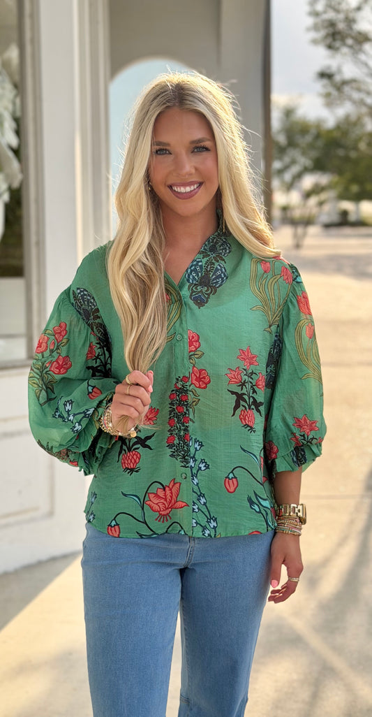 Printed Top 3/4 Gathered Balloon Sleeve, Green