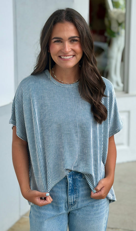 Ribbed Striped Oversized Top, Teal