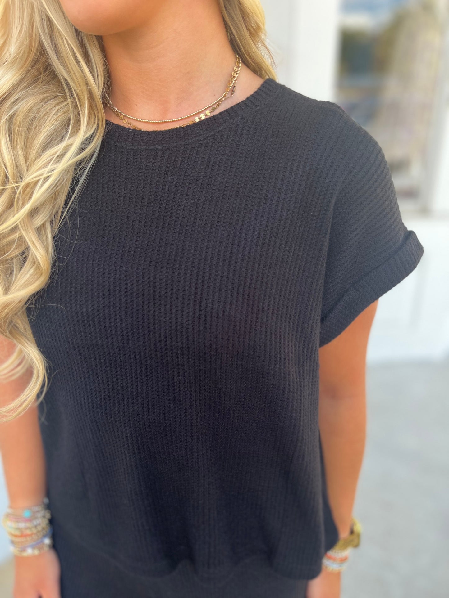 Rolled Sleeve Top & Pants SET, Black