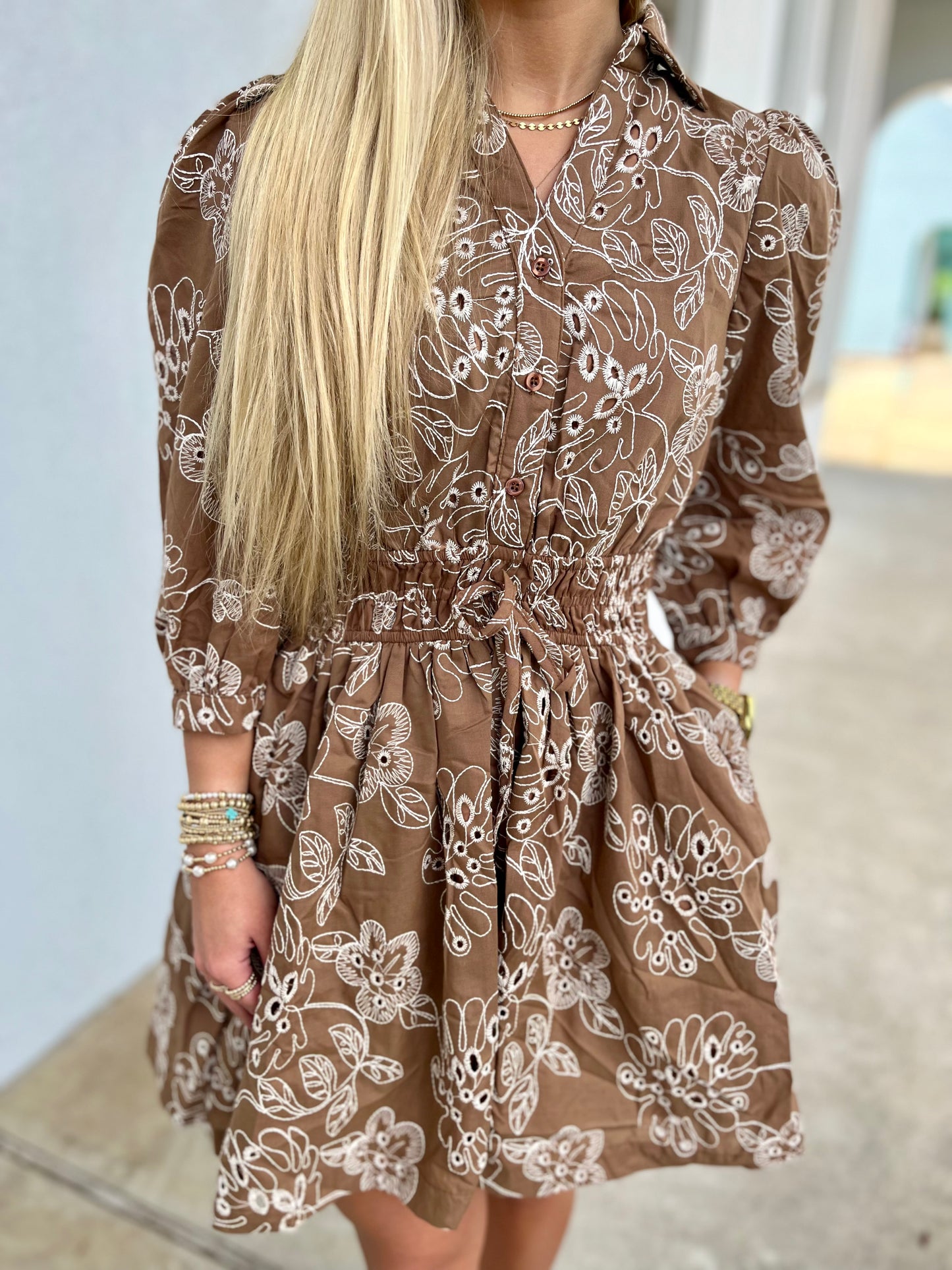 Brown Floral Print Elastic Waist Dress