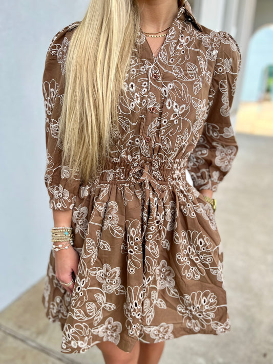 Brown Floral Print Elastic Waist Dress