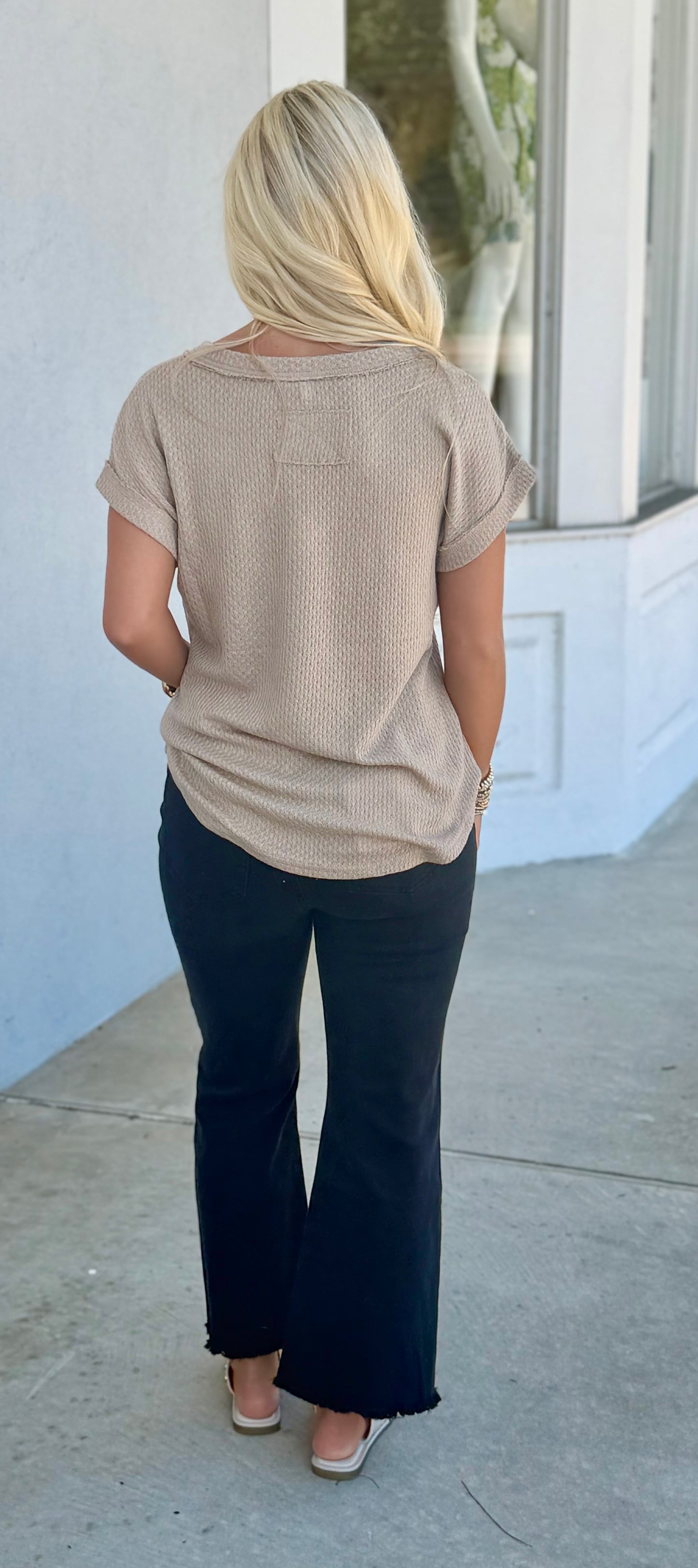 V Neck Textured Knit Top, Light Khaki