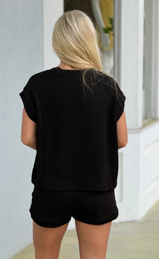 Raised Rib Cap Sleeve Top & Shorts SET, Black