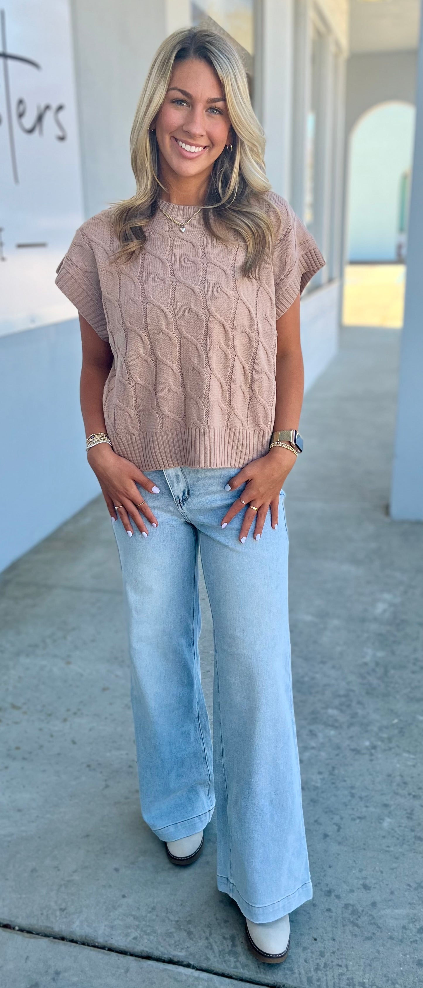 Sleeveless Oversized Cable Knit Sweater Vest, Dark Taupe