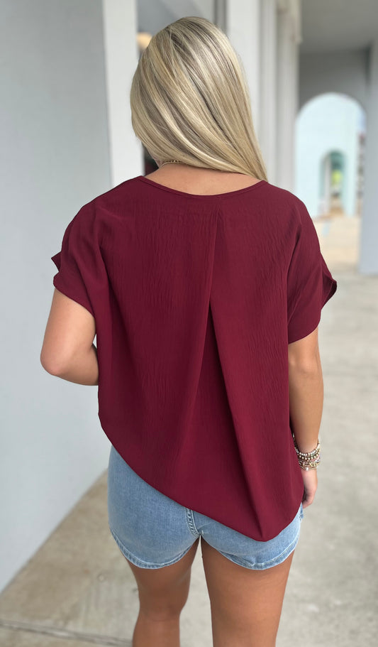 Short Sleeve Round Neck Top , Merlot