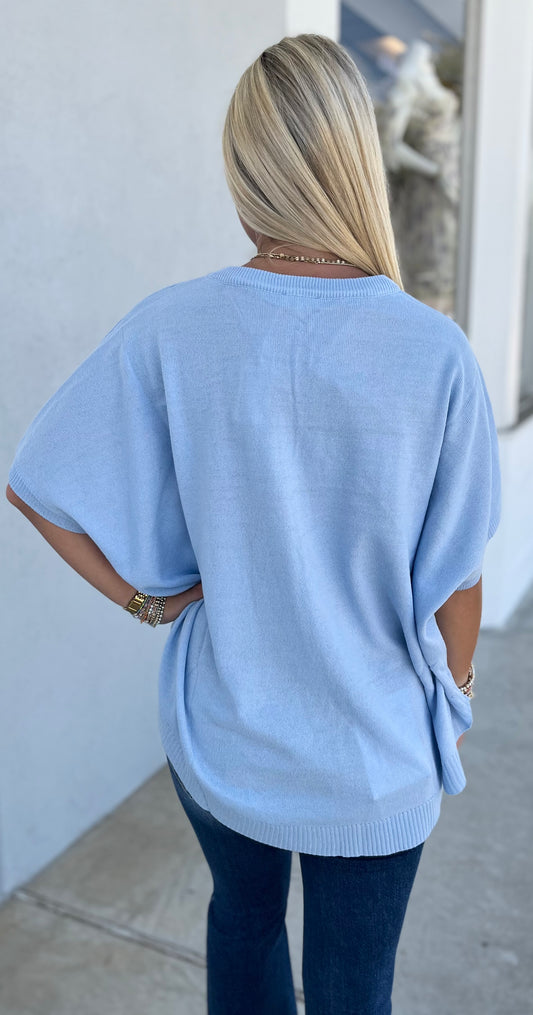 Half Sleeve Round Neck Boxy Top , Sky Blue