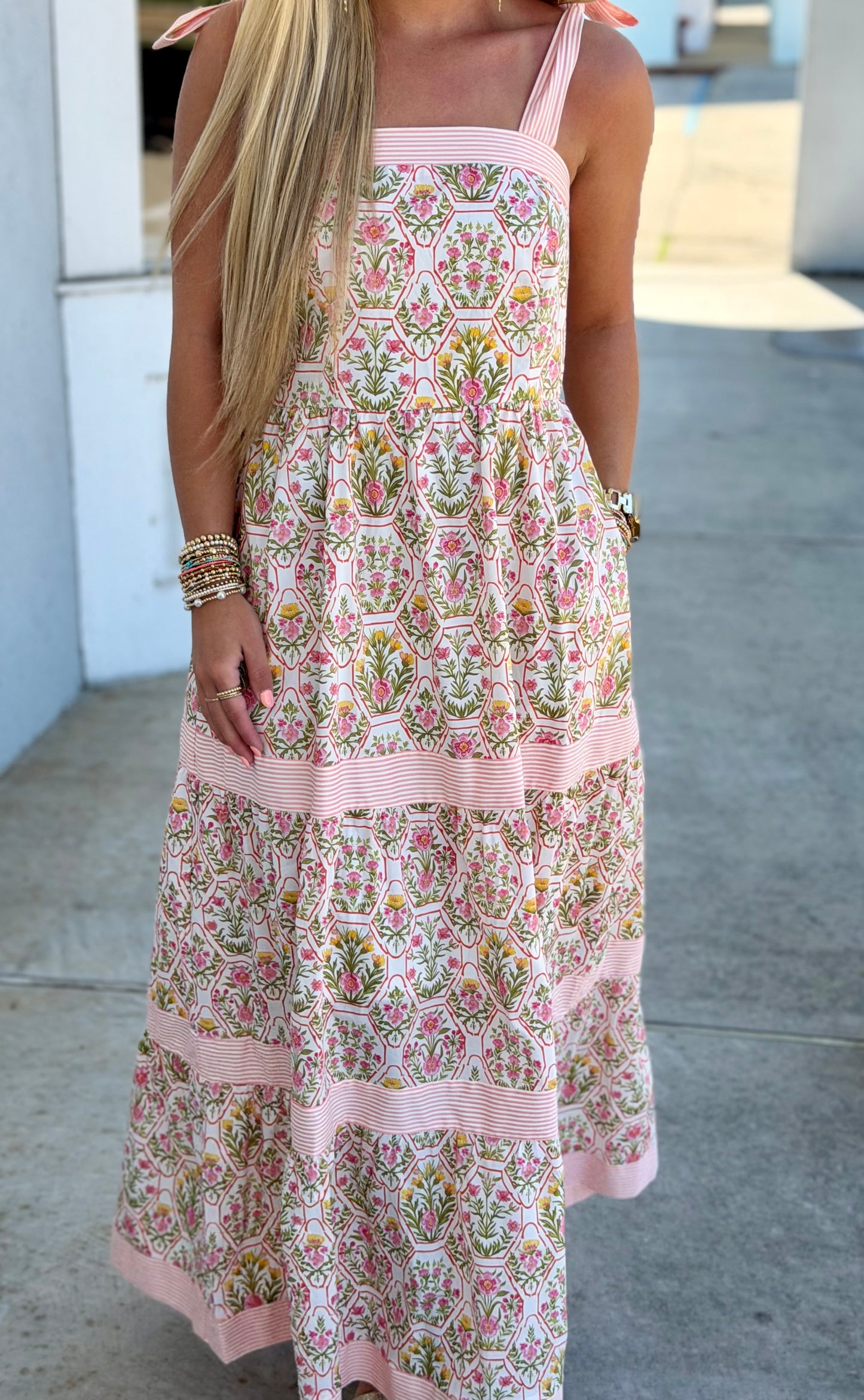 Peach/Pink Woven Print Tiered Maxi Dress