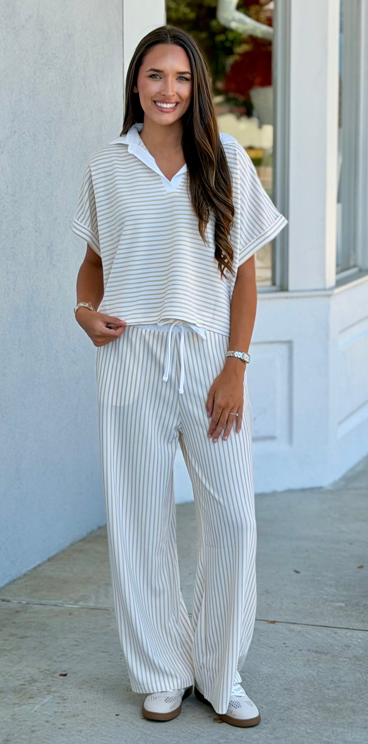Striped Split Neck Collared Top & Pants SET, Taupe