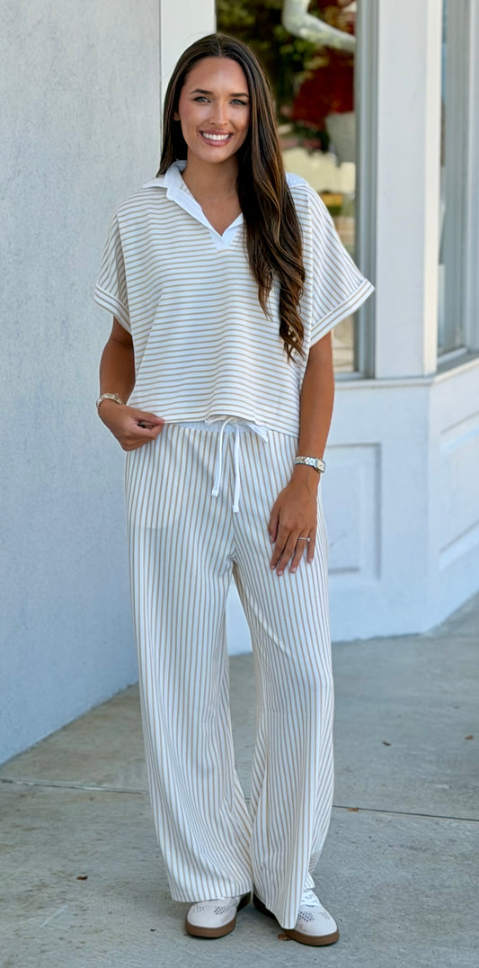 Striped Split Neck Collared Top & Pants SET, Taupe