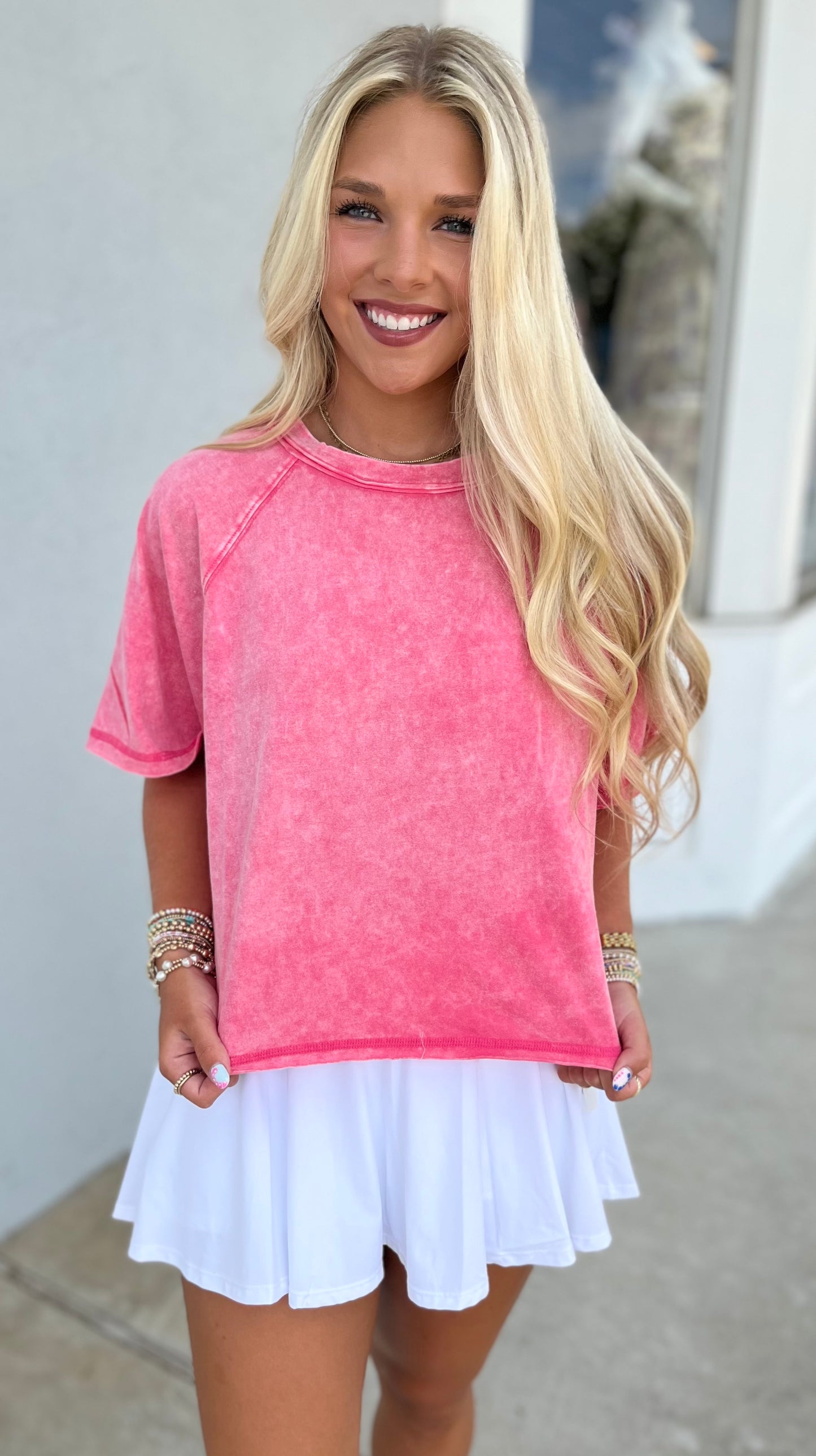 Acid Wash Round Neck Crop Tee, Fushia