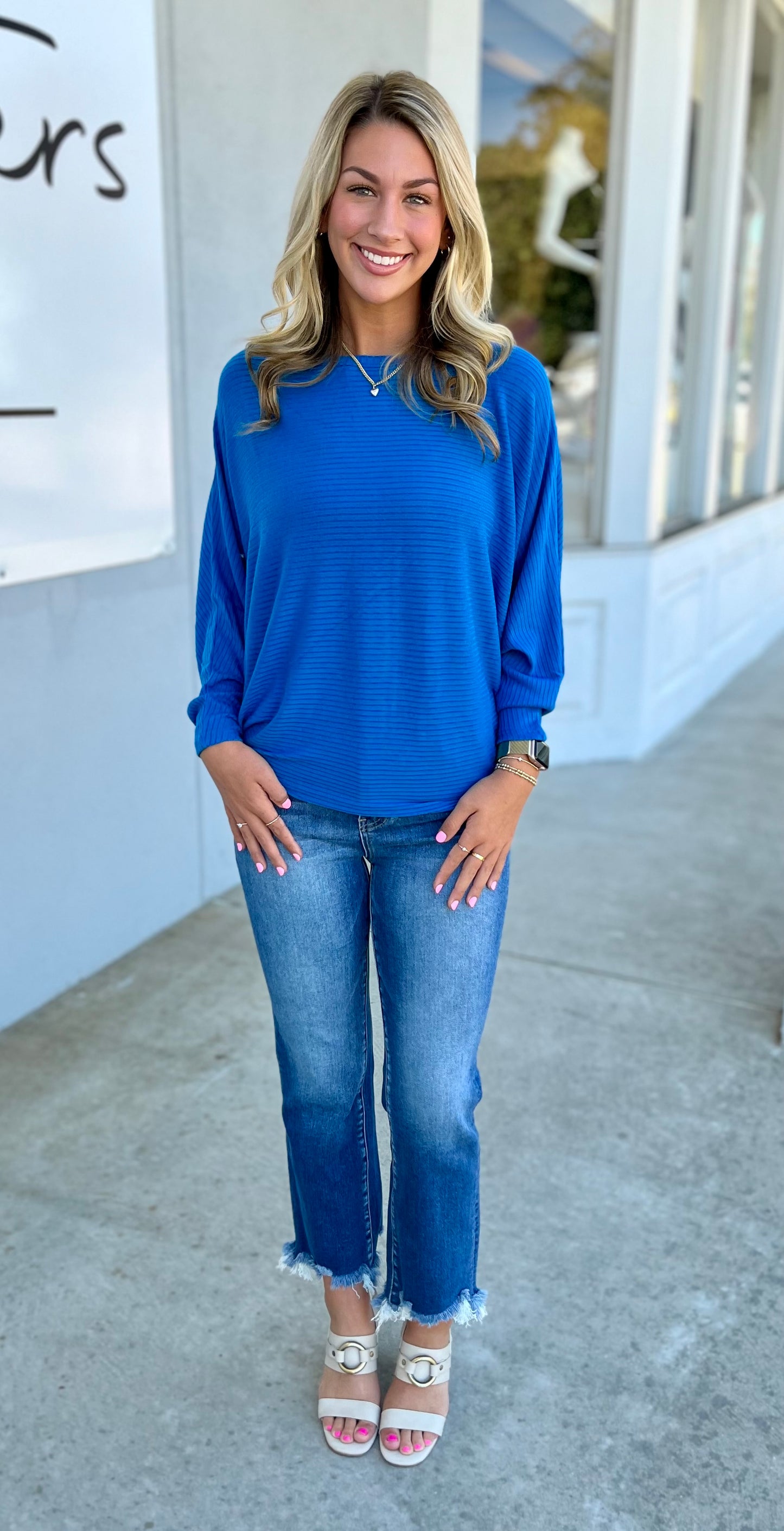 Ribbed Batwing Boat Neck Sweater, Ocean Blue