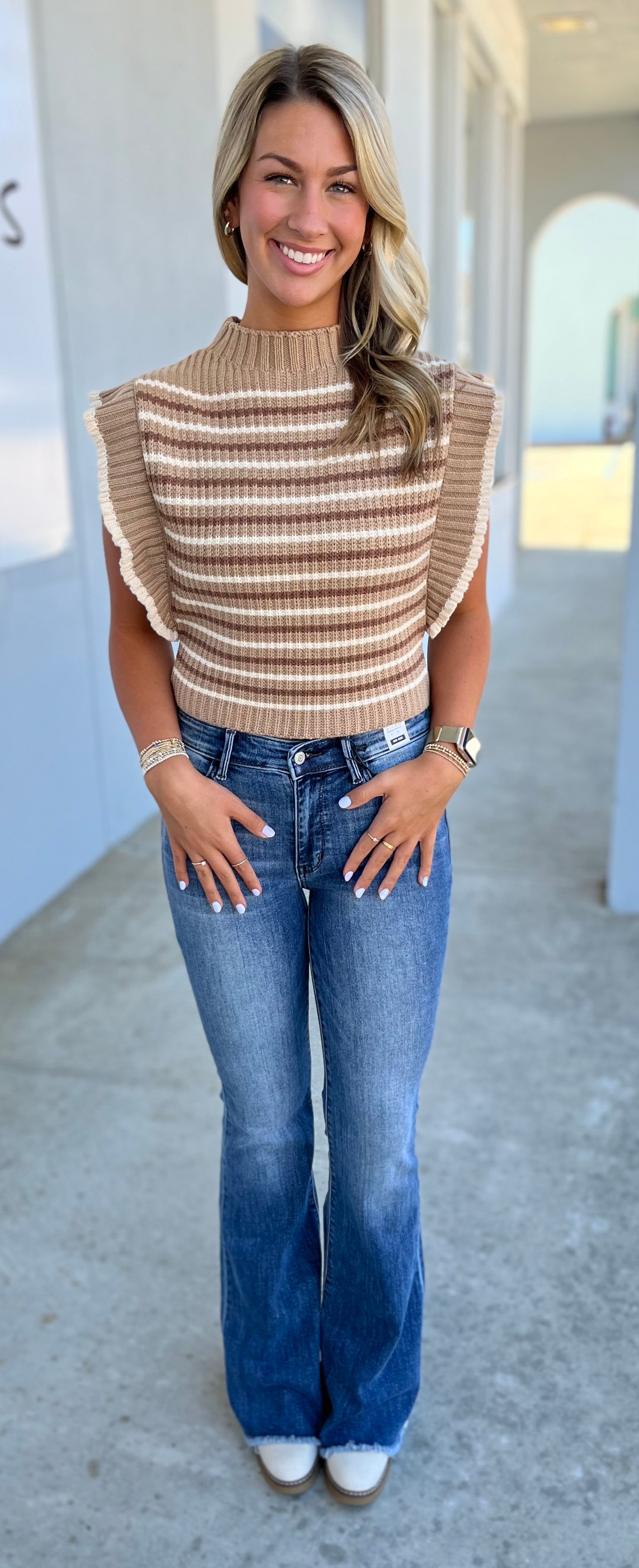 Striped Mock Neck Sweater Vest, Brown