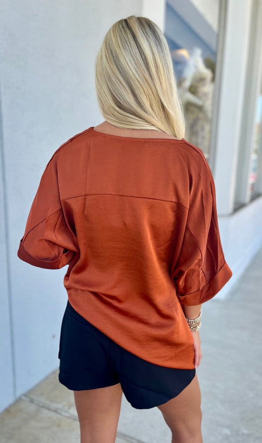 V Neck High Low Blouse, Rust