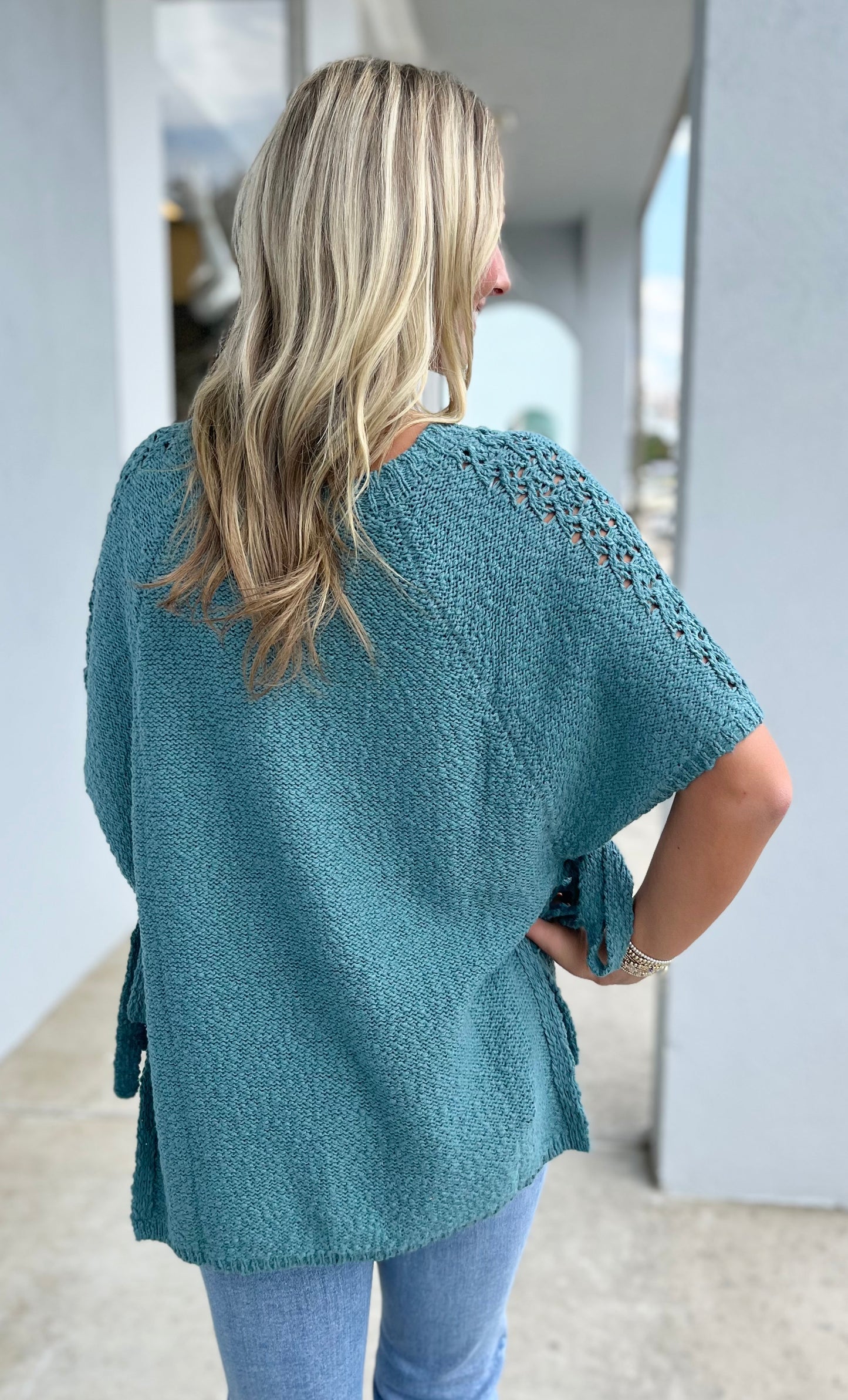 Half Sleeve Knitted Sweater , Faded Teal