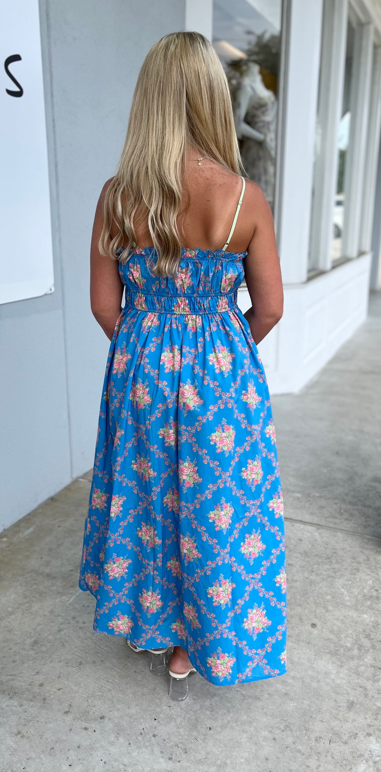 Blue/Sage Floral Pleated Maxi Dress