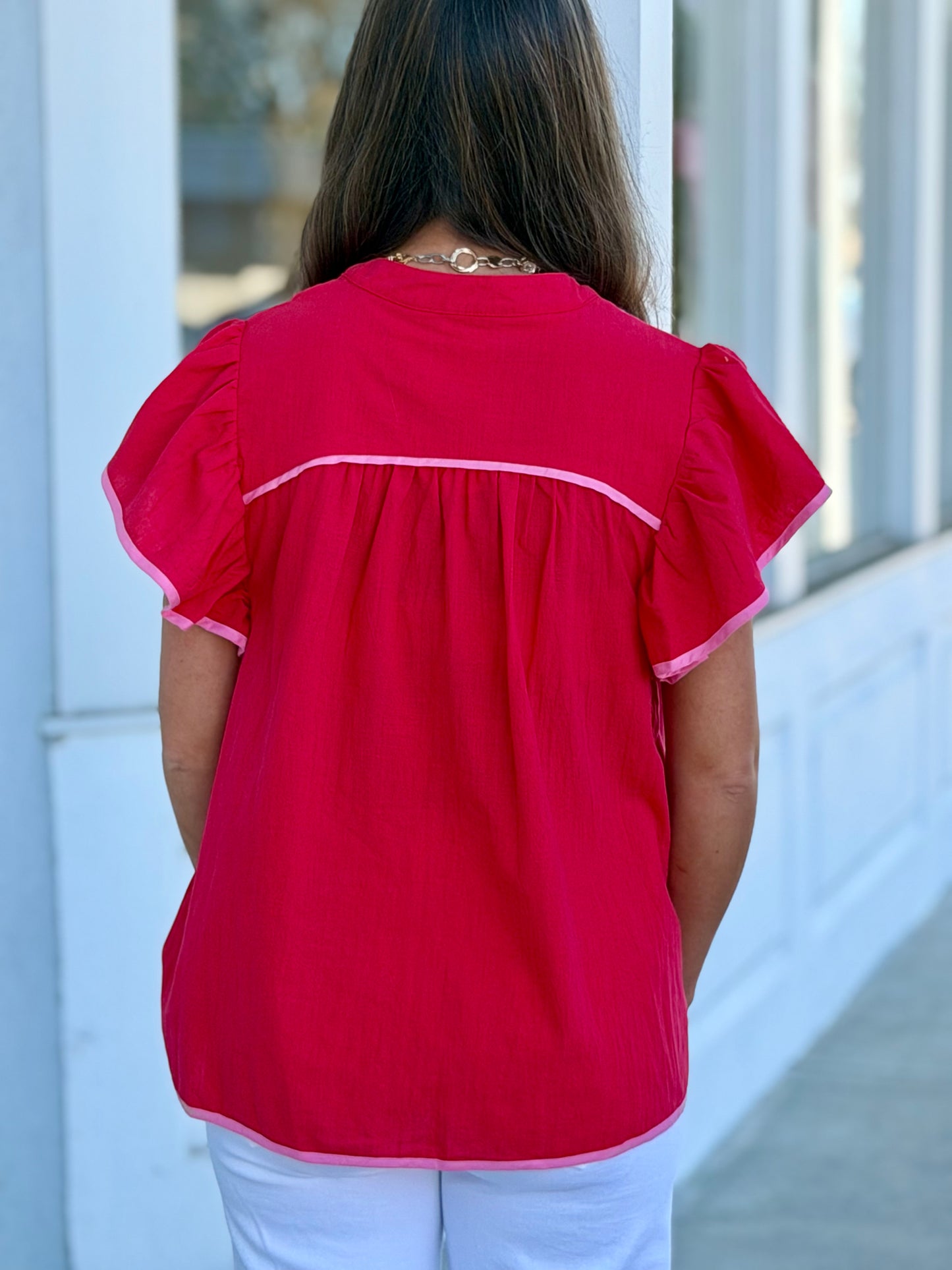 Red & Pink Flutter Sleeve Top
