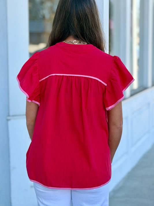 Red & Pink Flutter Sleeve Top