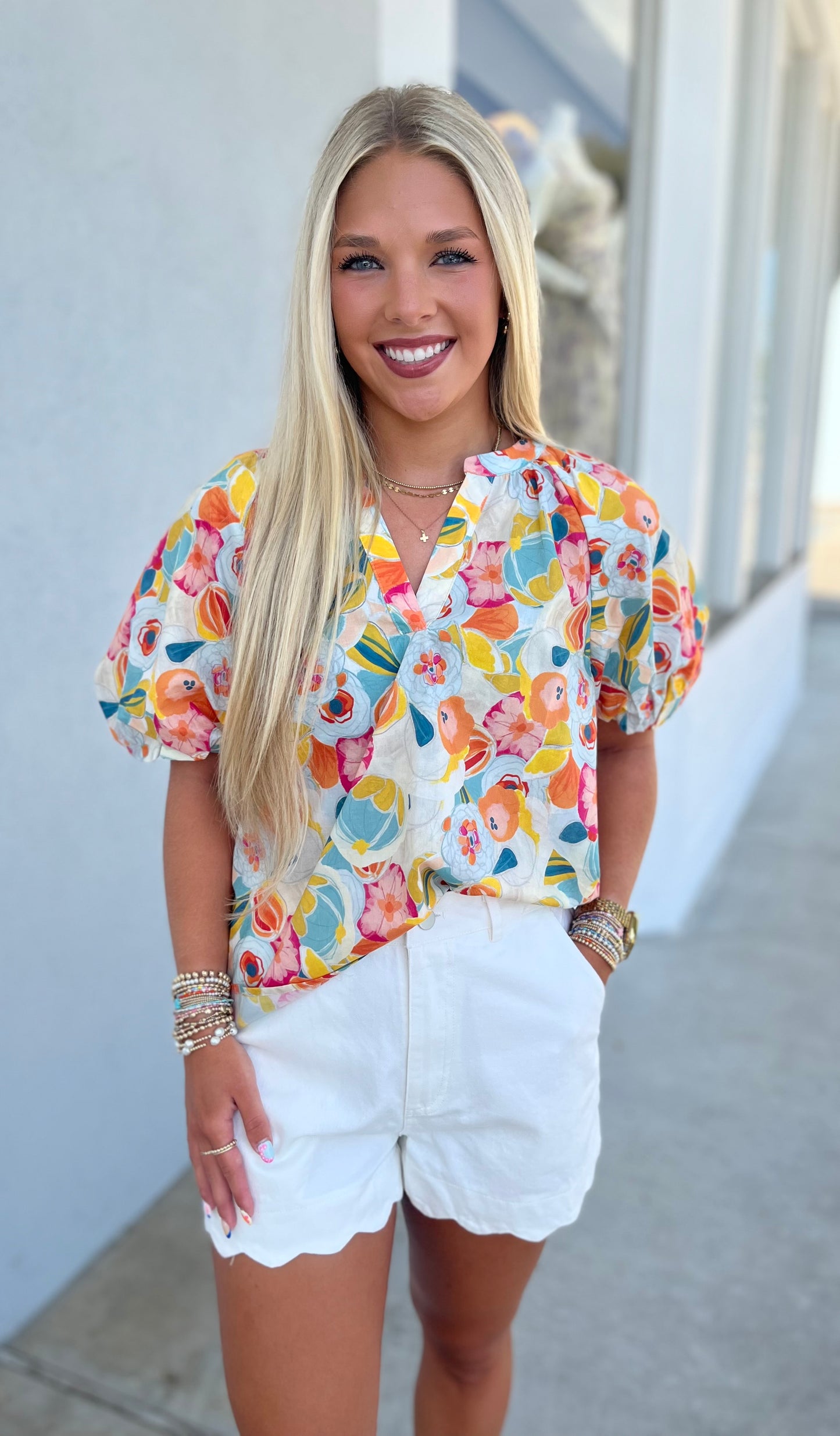Floral Print Balloon Sleeve Top