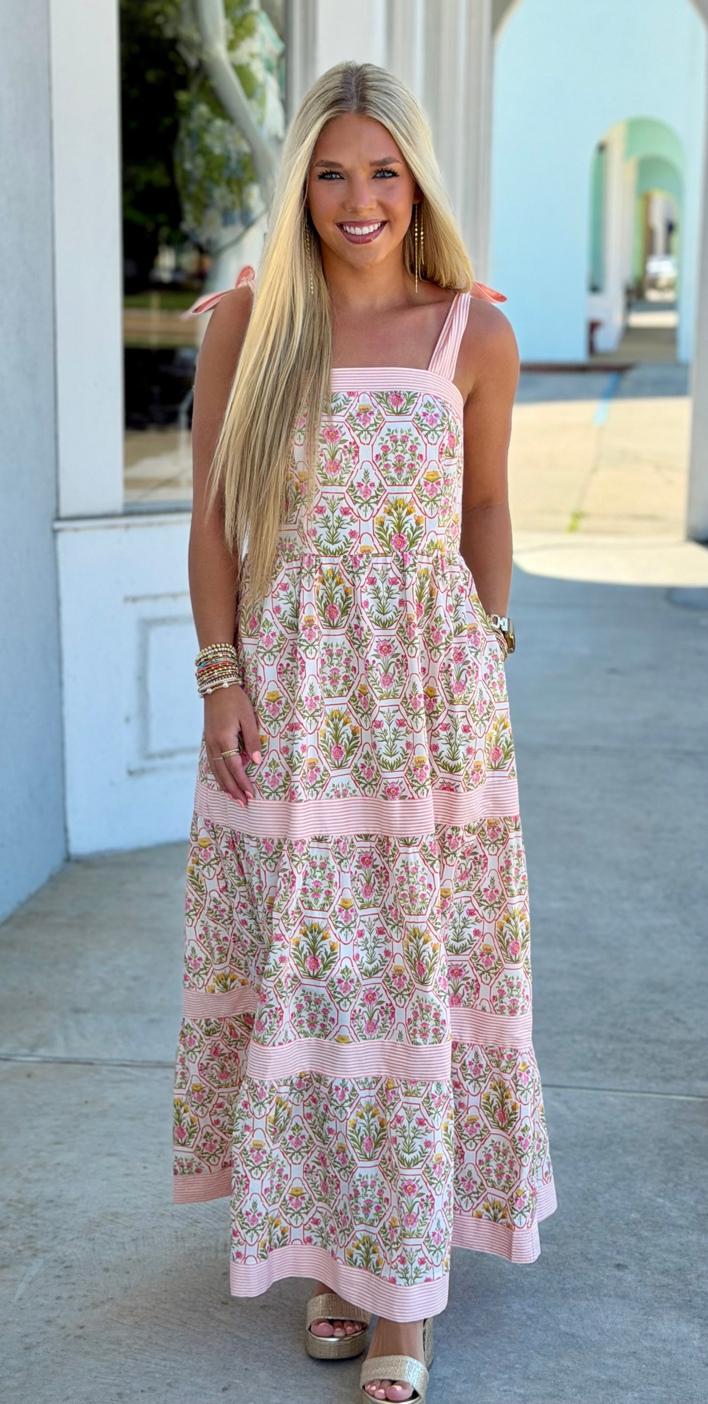 Peach/Pink Woven Print Tiered Maxi Dress