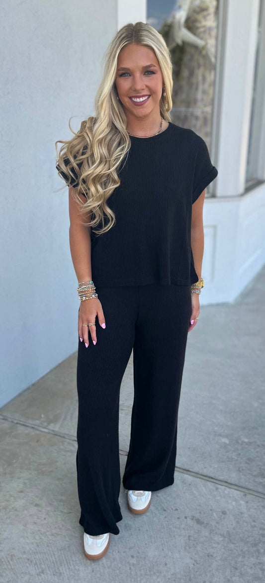 Sweater Rolled Sleeve Top & Pants SET, Black