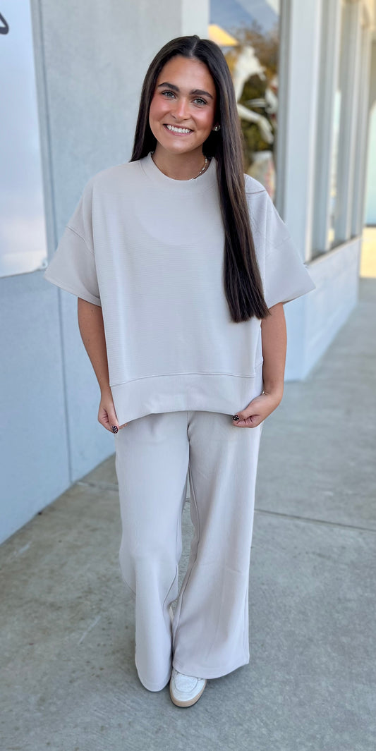 Ribbed Tee & Pants SET, Sand Beige
