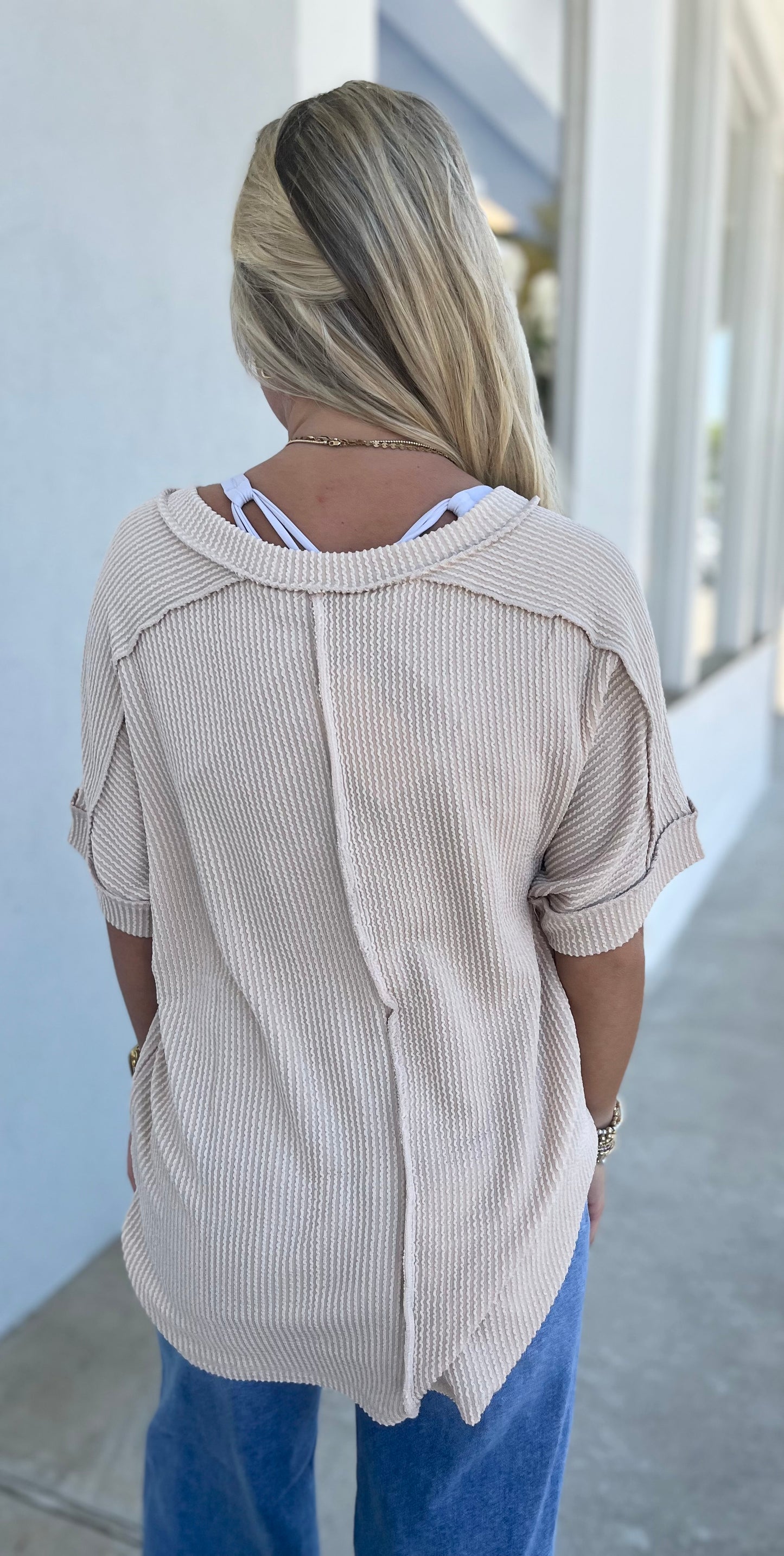 Sand Beige Ribbed V Neck Tee