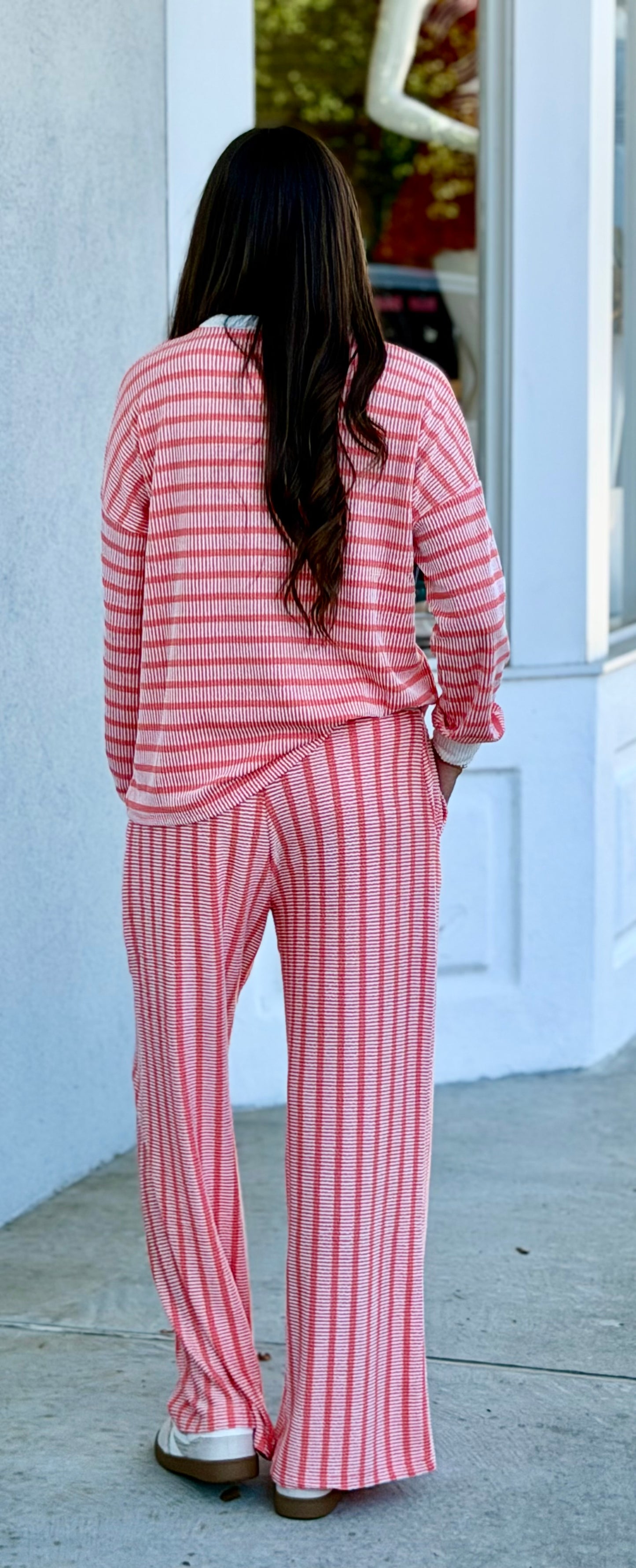Raised Rib Striped Pullover & Pants SET, Coral
