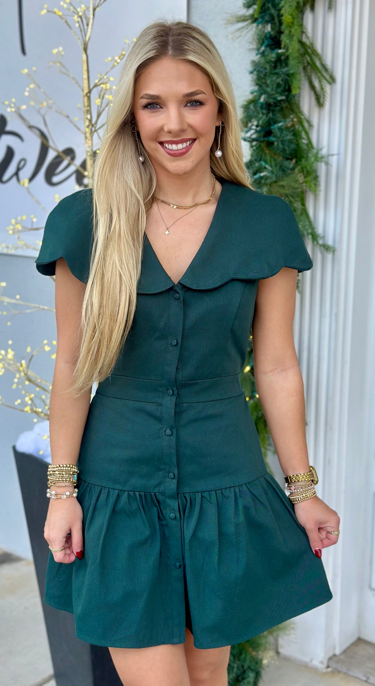 Hunter Green Fit and Flare Scalloped Collar Dress