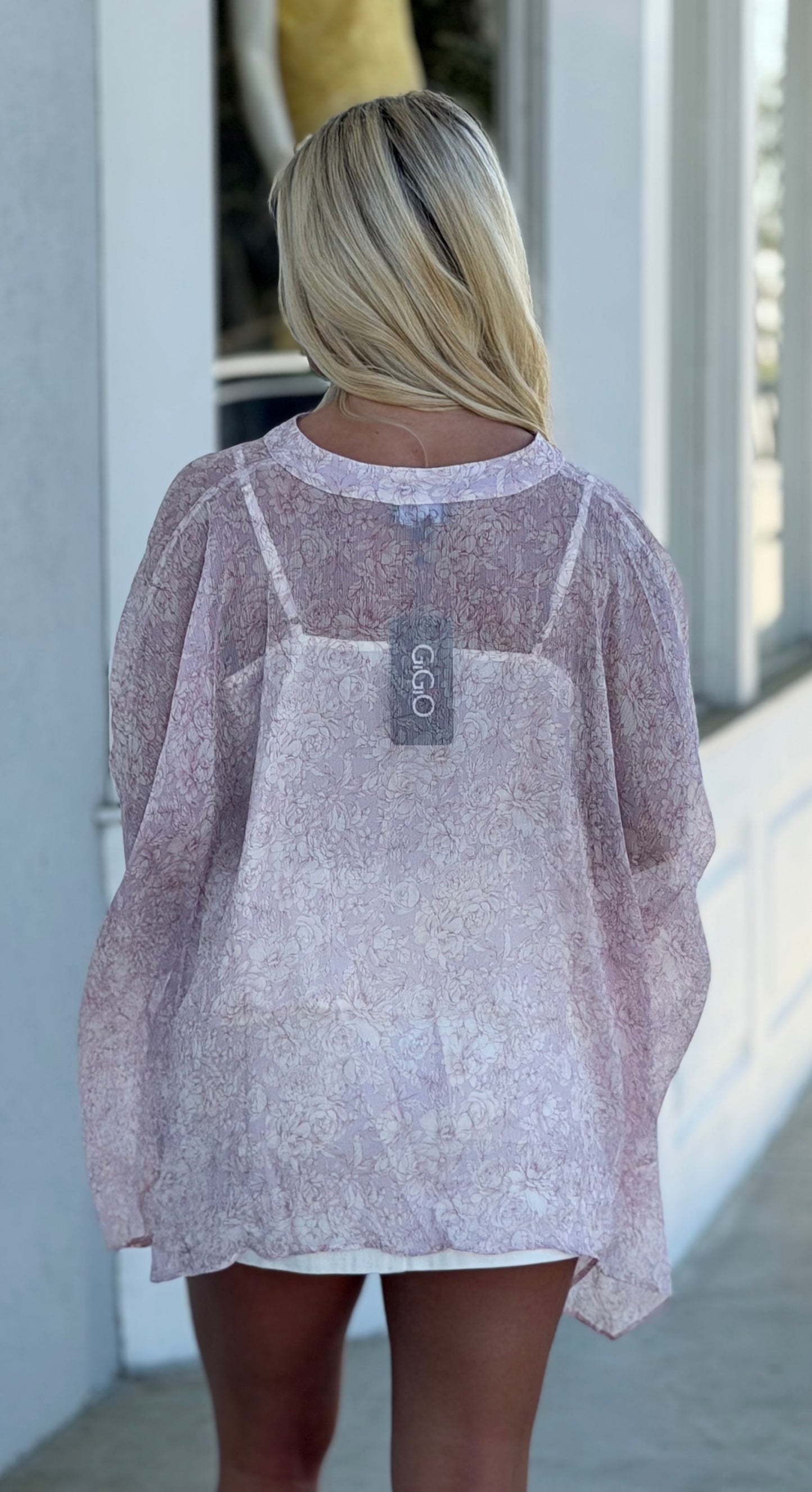 Rose Print Sheer Button Down Blouse