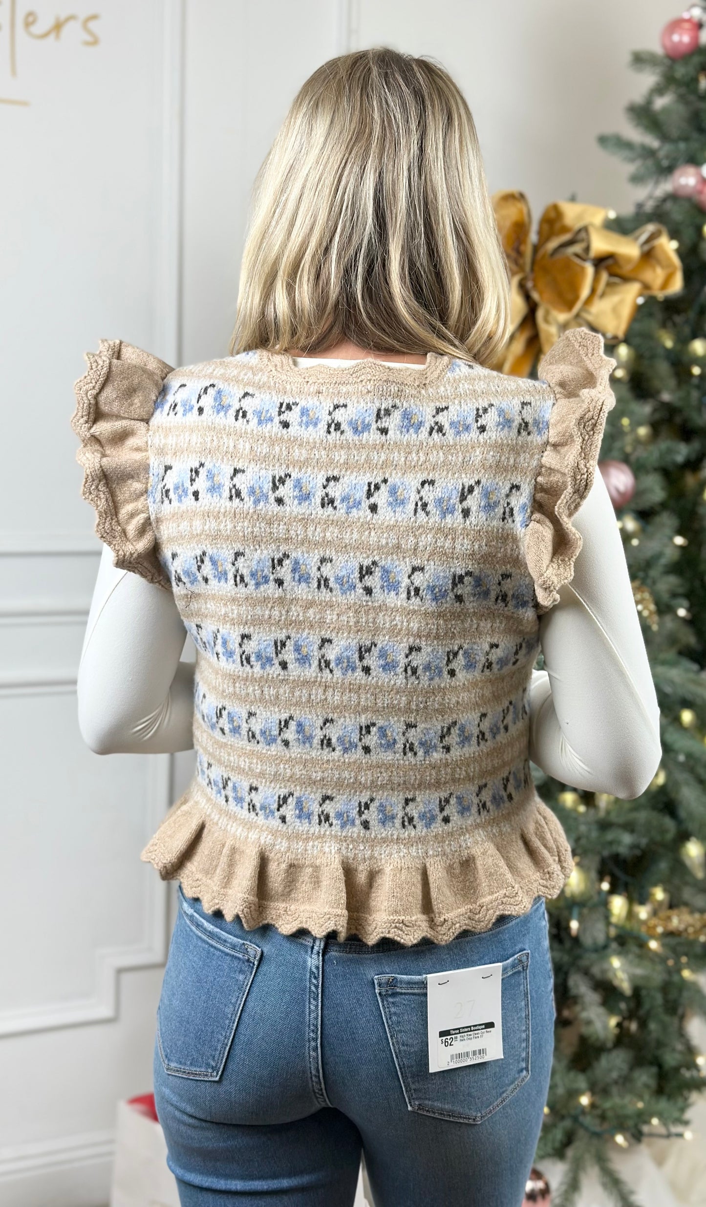 Lt Taupe Floral Ruffle Knit Sweater