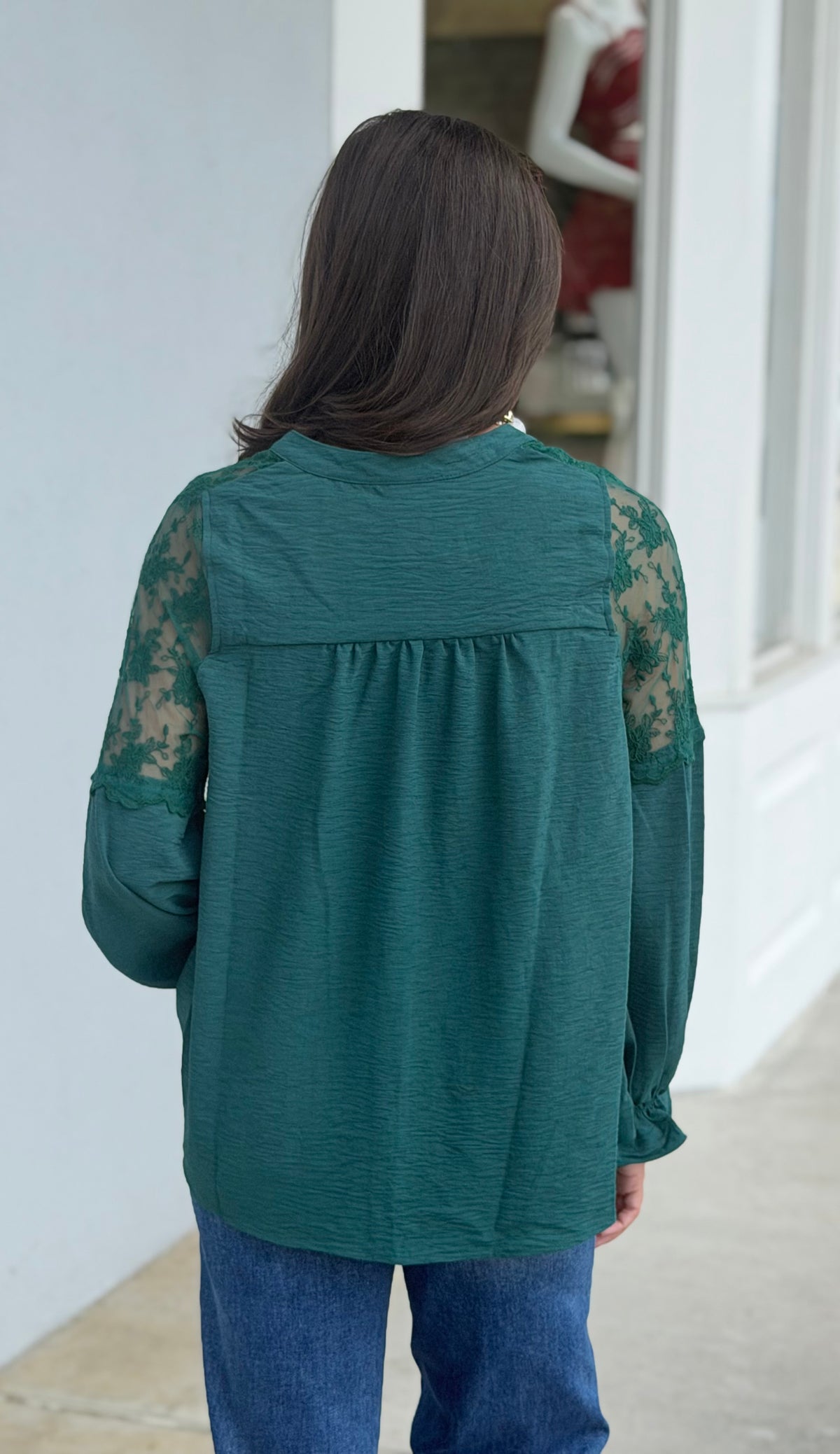 Lace Contrast Button Down Blouse, Hunter Green