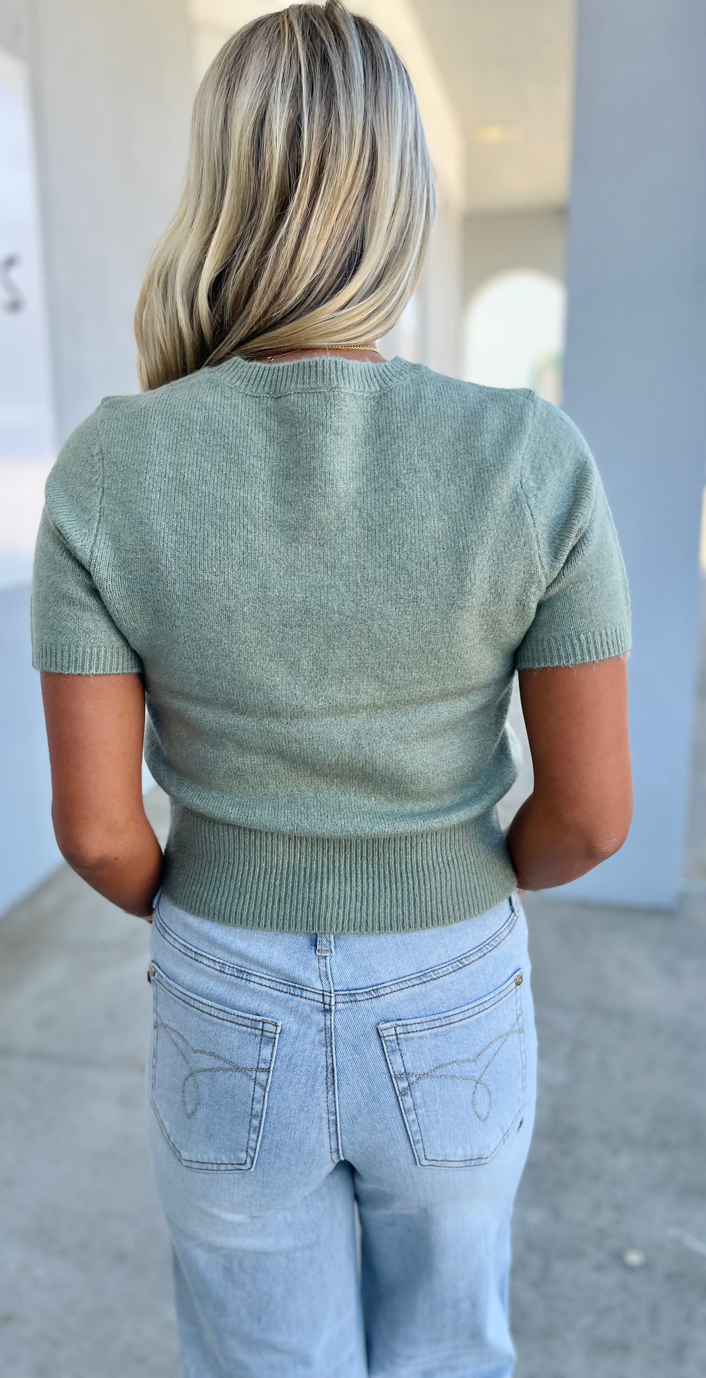 Short Sleeve Sweater Top, Sage Green