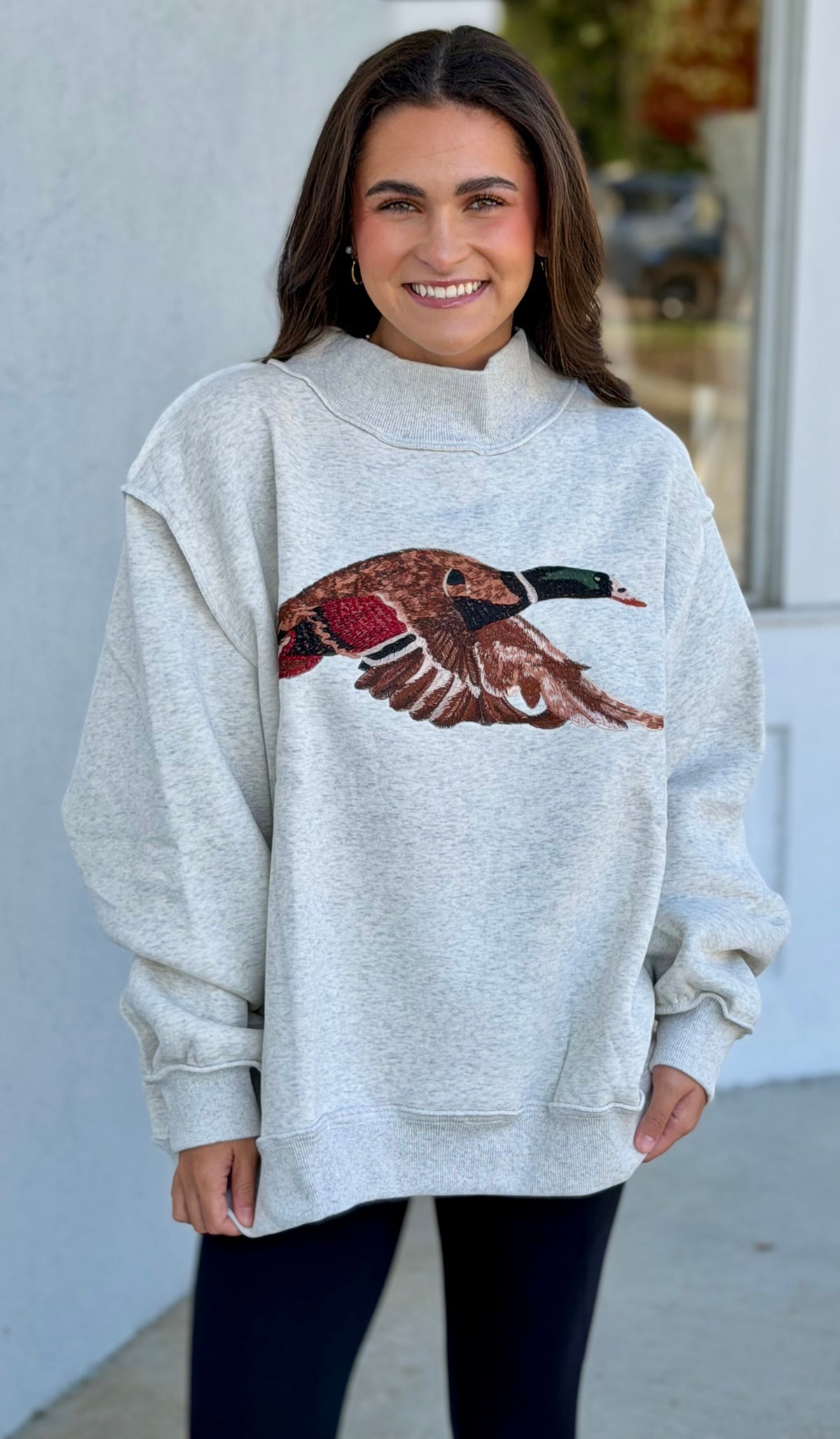 Ash Grey Mallard Embroidered Mock Neck Sweatshirt