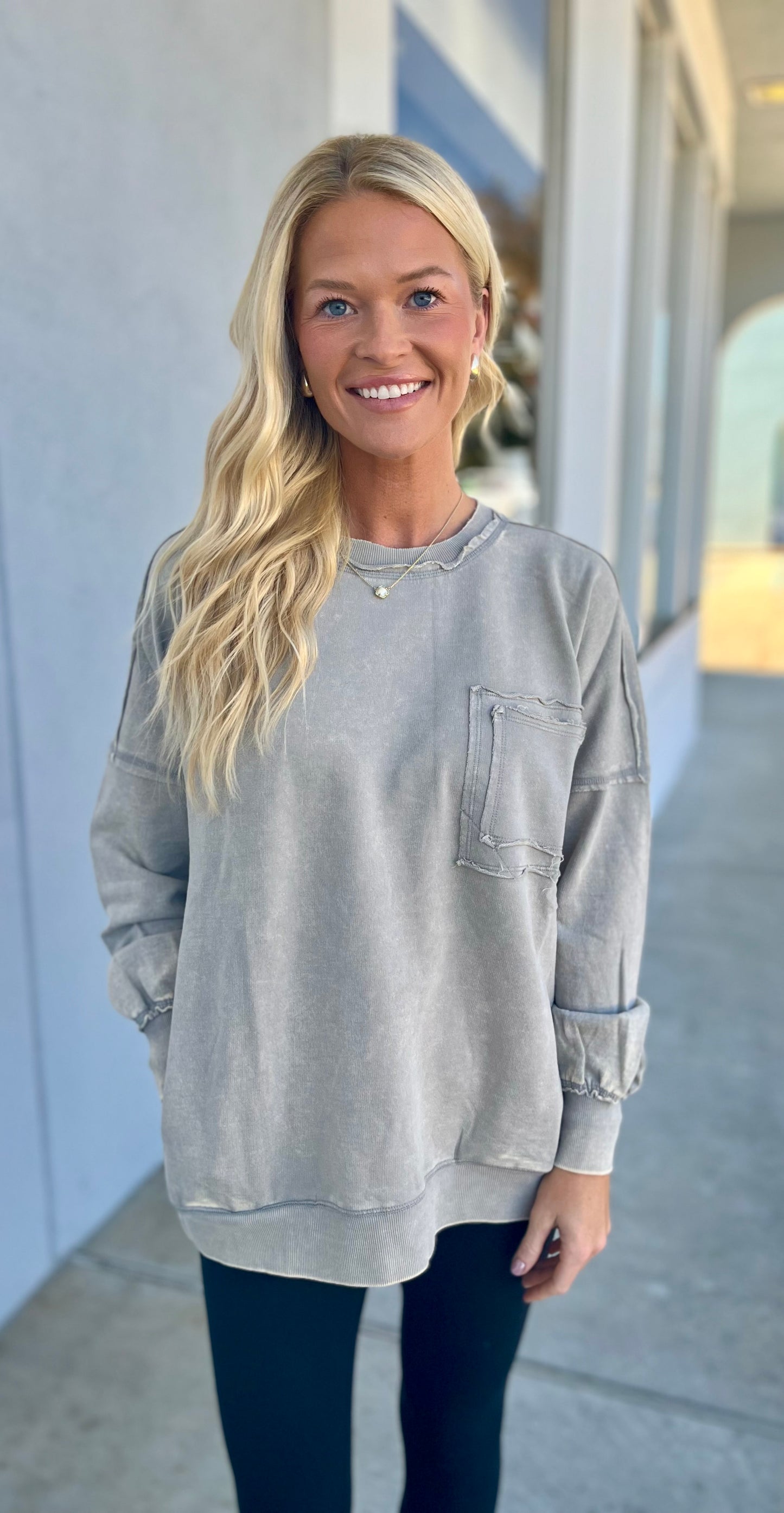 French Terry Acid Wash Front Pocket Pullover, Sleet