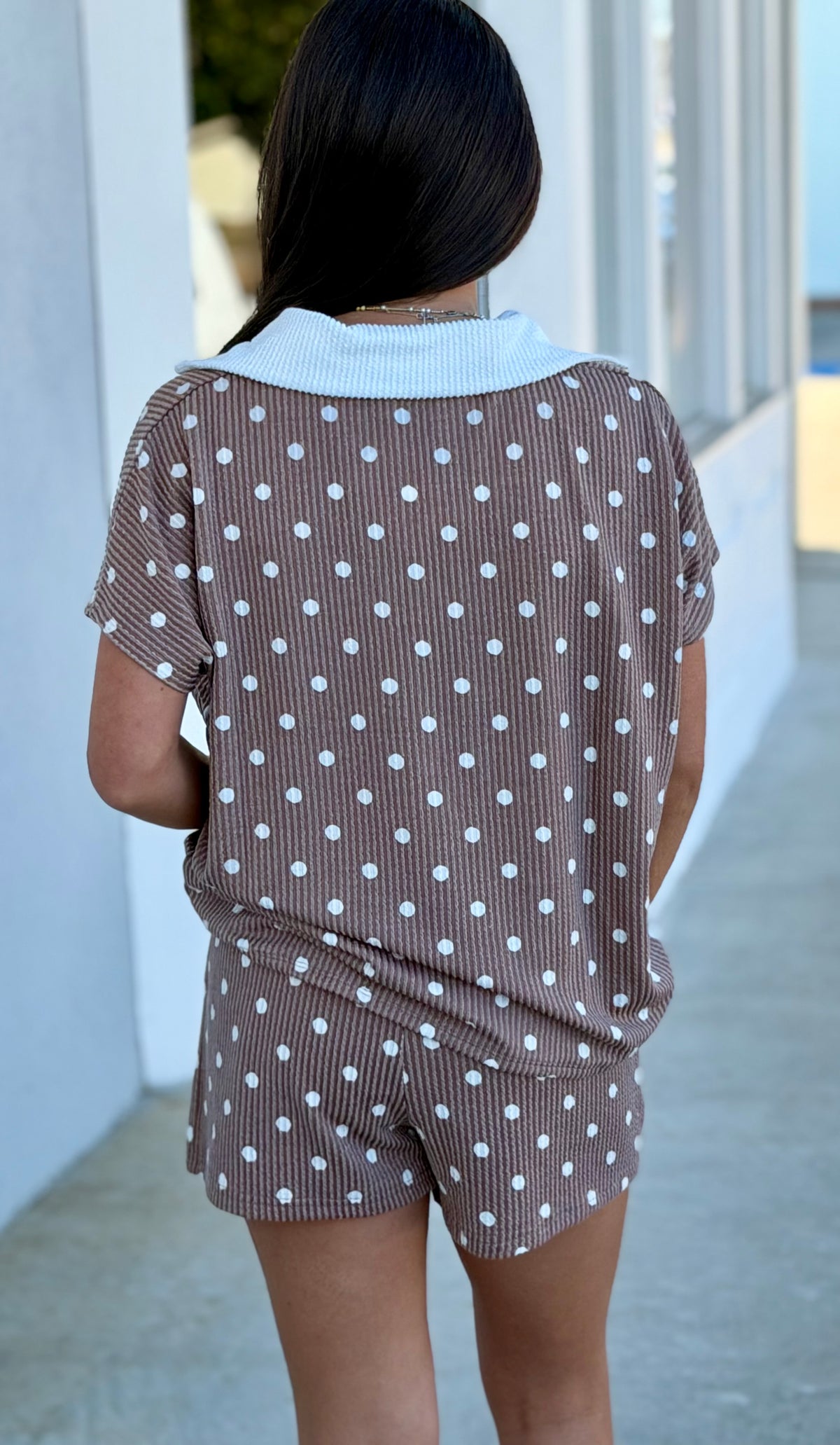 Polka Dot Collared Top & Shorts SET, Mocha