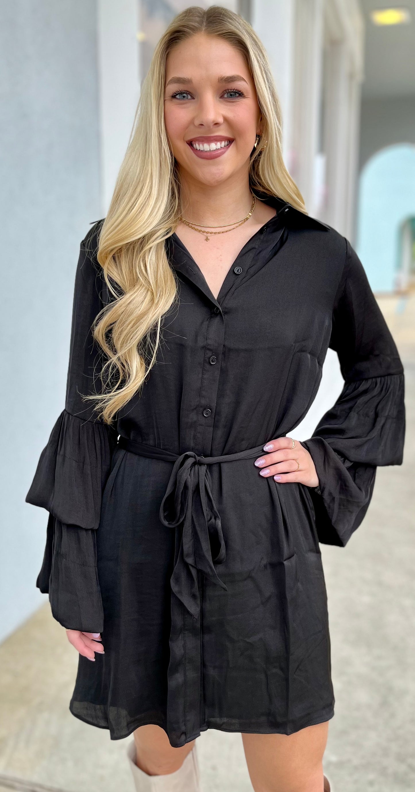 Black Mini Shirt Dress With Bell Sleeves