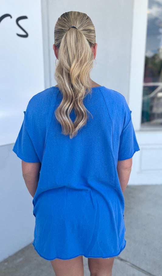 V Neck Pocket Top, Cobalt