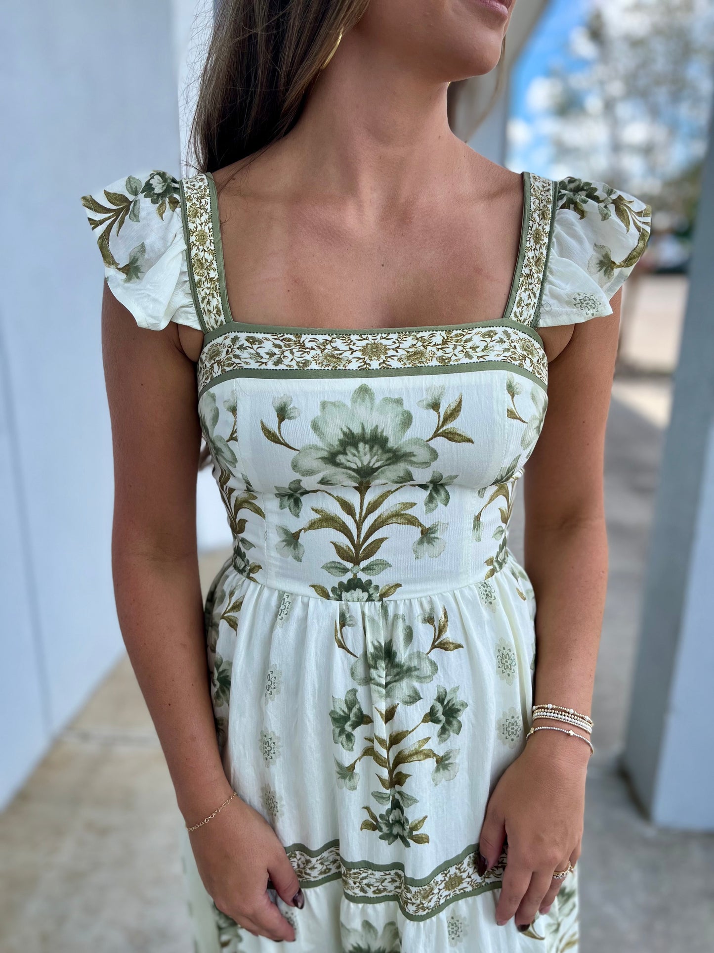 Light Olive Multi Abstract Floral Midi Dress