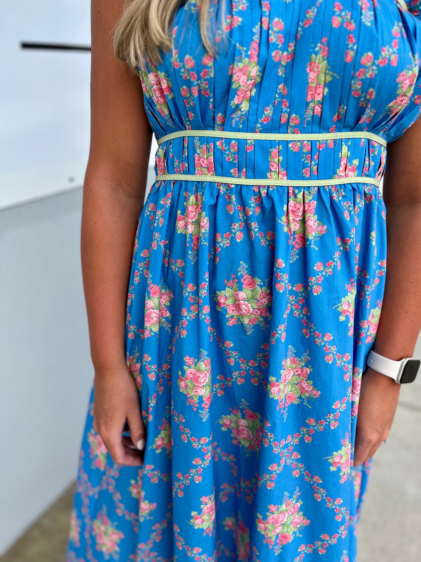 Blue/Sage Floral Pleated Maxi Dress