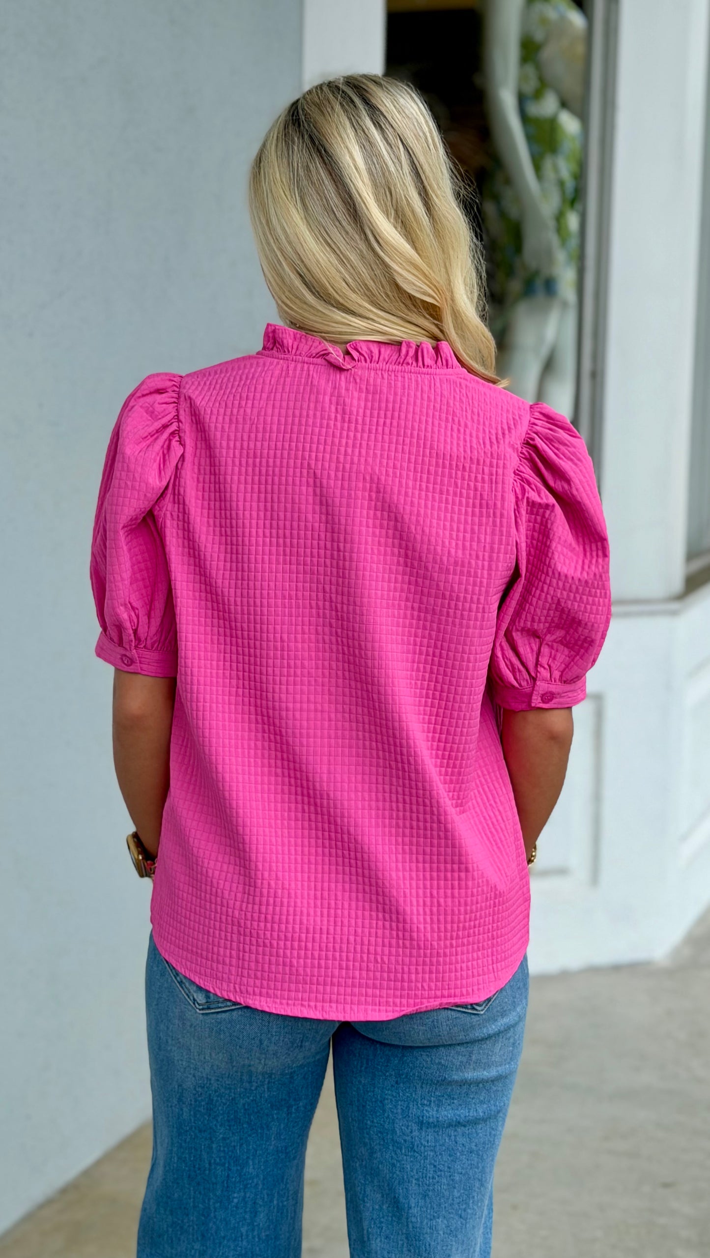 Pink Ruffle V Neck Puff Sleeve Top