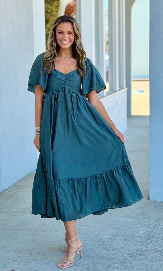 Emerald Green Flutter Sleeve Smocked Midi Dress