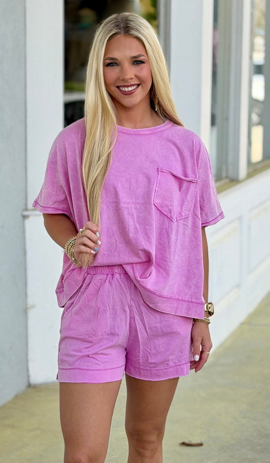 Acid Wash Top & Shorts SET, Mauve