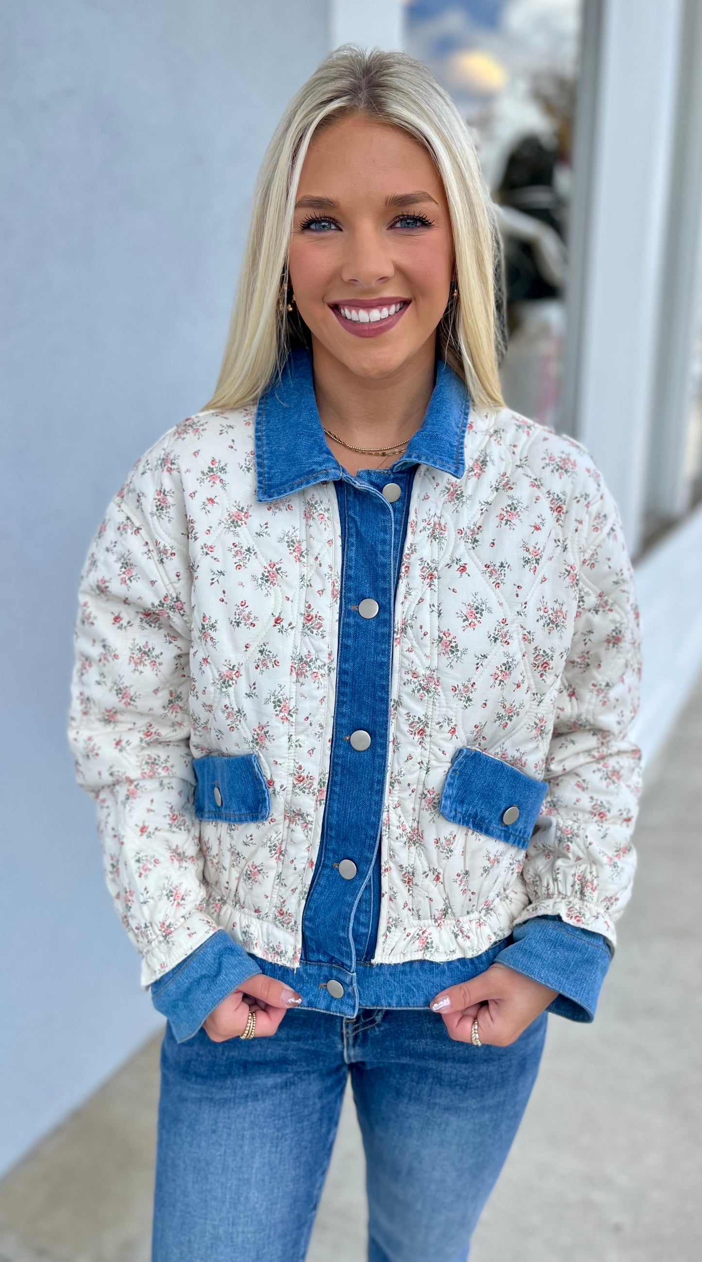 Denim Floral Printed Button Down Jacket